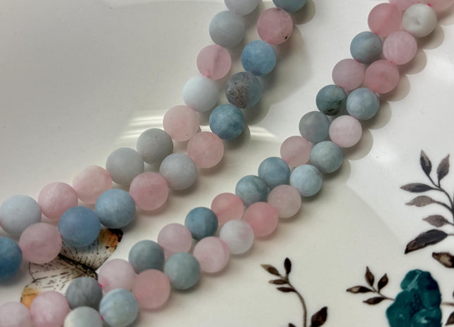 8mm 10mm Rose Quartz Aquamarine Matte Round Morganite Gemstone Loose Beads 14.5 Inches Strand #4800
