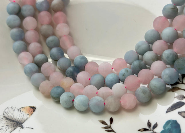 8.5 mm 10 mm Rose Quartz Aquamarine Matte Round Gemstone Loose Beads Hole Size 2.0mm 15 Inches Strand #4801