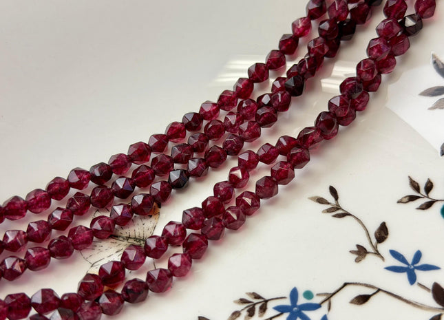 6 mm Faceted Star Cut Red Garnet Gemstone Beads 14.5 Inches Strand 62 Beads #4803
