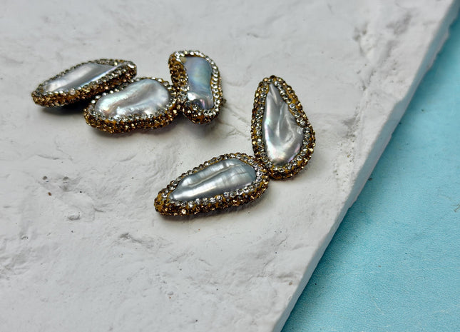 One Piece 14-17x22-29mm Gray Biwa Stick Pearl W/ Pave Gold Rhinestone/Cubic Zirconia Half Drilled Pearl Pendant #P3457