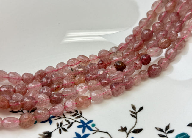 7-8x7-10 mm Pink Strawberry Quartz Pebble Nugget Gemstones 15.5 Inches Strand 47 Beads #4826
