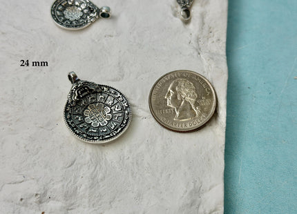 18mm 24mm Etched Oxidized Sterling Silver Chinese Zodiac Calendar Coin Charm Pendant For Necklaces Antique Charms for Jewelry #10387