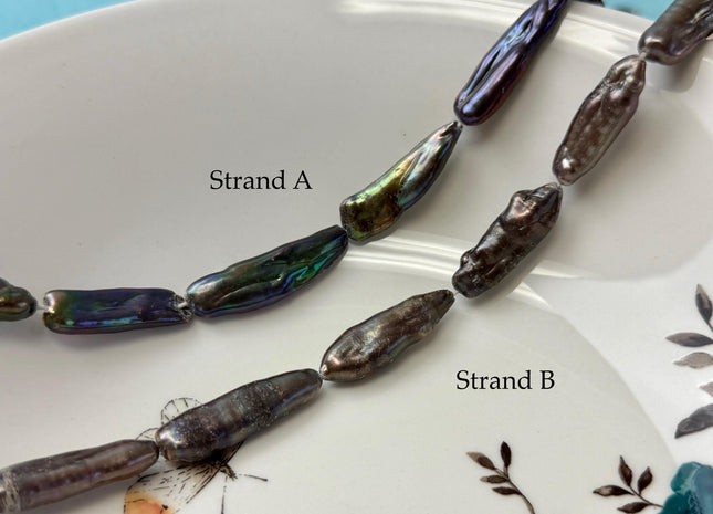8-9.5x21-36mm AA Peacock Brown Color Biwa Stick Freshwater Pearl High Luster 15.5 Inches Strand #P3177