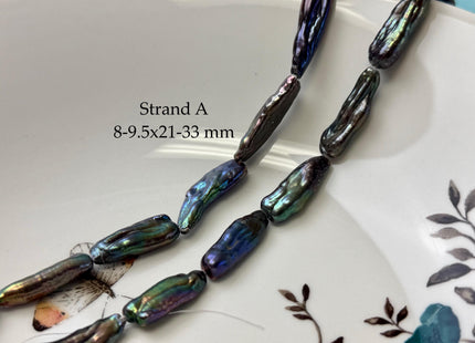 8-9.5x21-36mm AA Peacock Brown Color Biwa Stick Freshwater Pearl High Luster 15.5 Inches Strand #P3177