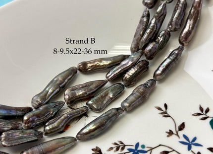 8-9.5x21-36mm AA Peacock Brown Color Biwa Stick Freshwater Pearl High Luster 15.5 Inches Strand #P3177
