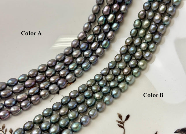 5.5-6x7 mm AA Green Gray Peacock Color Rice Freshwater Pearls High Luster Rice Pearls 55 Beads #P3396
