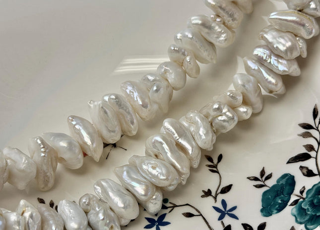 13-15x22-26 mm Natural White Biwa Freshwater Pearl Center Drilled Rare Thick High Luster Biwa Pearl Beads #P3398