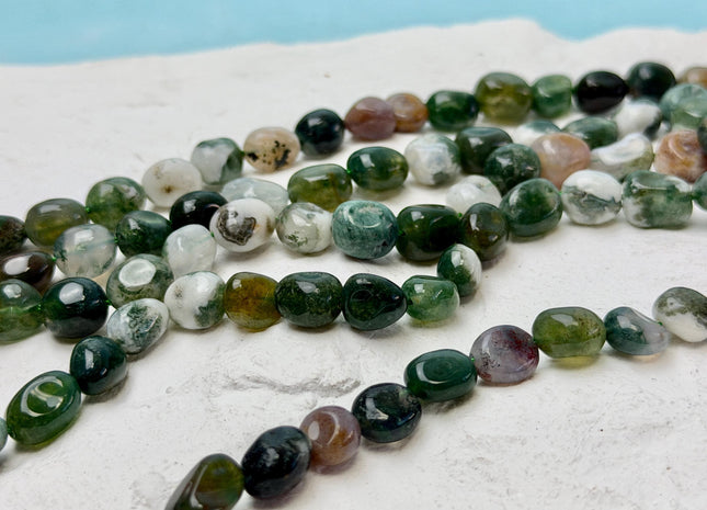 7-8x7-10 mm Green White Brown Moss Agate Pebble Nugget Gemstones 15.5 Inches Strand 42 Beads #4839