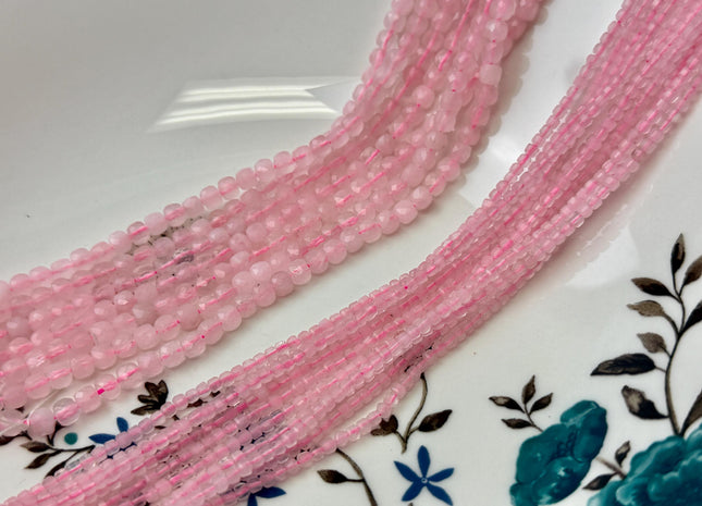 2x2mm 4x4mm Micro Faceted Cube Dice Square Shape Rose Quartz Diamond Cut Pink Gemstone Beads 15 Inches Strand #3563