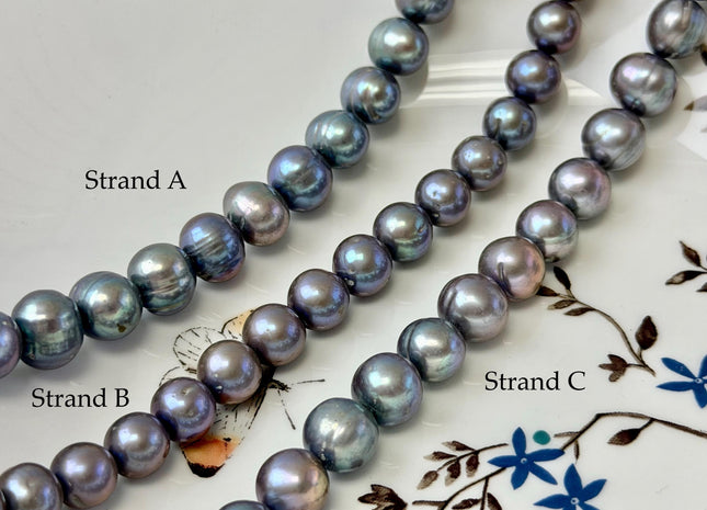 8.5-11 mm Greenish Gray Peacock Color Off Round or Potato Freshwater Pearls 16 Inches Strand #P3357