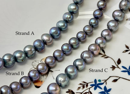 8.5-11 mm Greenish Gray Peacock Color Off Round or Potato Freshwater Pearls 16 Inches Strand #P3357