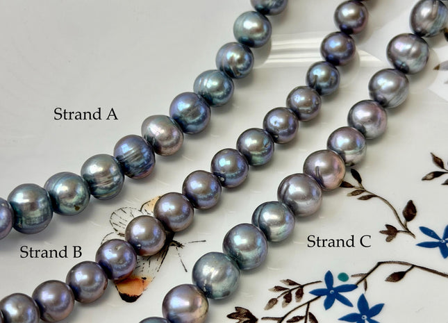 8.5-11 mm Greenish Gray Peacock Color Off Round or Potato Freshwater Pearls 16 Inches Strand #P3357