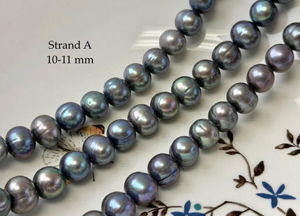 8.5-11 mm Greenish Gray Peacock Color Off Round or Potato Freshwater Pearls 16 Inches Strand #P3357