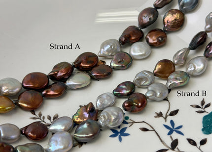 10-13.5 mm Mixed Gray Brown Gold Peacock Color Coin Freshwater Pearls 15.5 Inches Strand #P3419