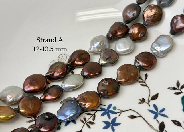 10-13.5 mm Mixed Gray Brown Gold Peacock Color Coin Freshwater Pearls 15.5 Inches Strand #P3419