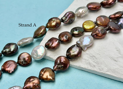 10-13.5 mm Mixed Gray Brown Gold Peacock Color Coin Freshwater Pearls 15.5 Inches Strand #P3419