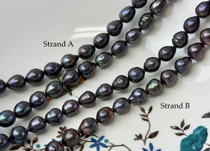 8.5-9x9.5-11 mm Purplish Peacock Teardrop Rice/Oval Freshwater Pearls 15.5 Inches Strand #P3420