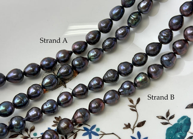 8.5-9x9.5-11 mm Purplish Peacock Teardrop Rice/Oval Freshwater Pearls 15.5 Inches Strand #P3420