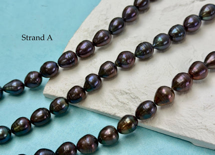 8.5-9x9.5-11 mm Purplish Peacock Teardrop Rice/Oval Freshwater Pearls 15.5 Inches Strand #P3420