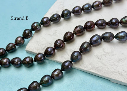 8.5-9x9.5-11 mm Purplish Peacock Teardrop Rice/Oval Freshwater Pearls 15.5 Inches Strand #P3420