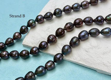 8.5-9x9.5-11 mm Purplish Peacock Teardrop Rice/Oval Freshwater Pearls 15.5 Inches Strand #P3420