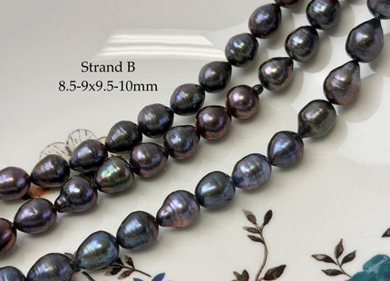 8.5-9x9.5-11 mm Purplish Peacock Teardrop Rice/Oval Freshwater Pearls 15.5 Inches Strand #P3420