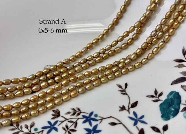 4x5-7 mm AA High Luster Gold Color Tiny Rice Freshwater Pearl 15.5 Inches Strand #P3423