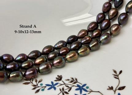 9-10x10-14mm Dark Brown Metallic Peacock Color Freshwater Rice/Oval Pearl Beads #P3405