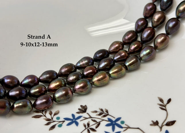 9-10x10-14mm Dark Brown Metallic Peacock Color Freshwater Rice/Oval Pearl Beads #P3405