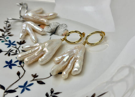 One Pair 30mm Natural White Baroque Chicken Feet Pearl Earring With 925 Sterling Silver/Gold Stud Earrings #10047-L