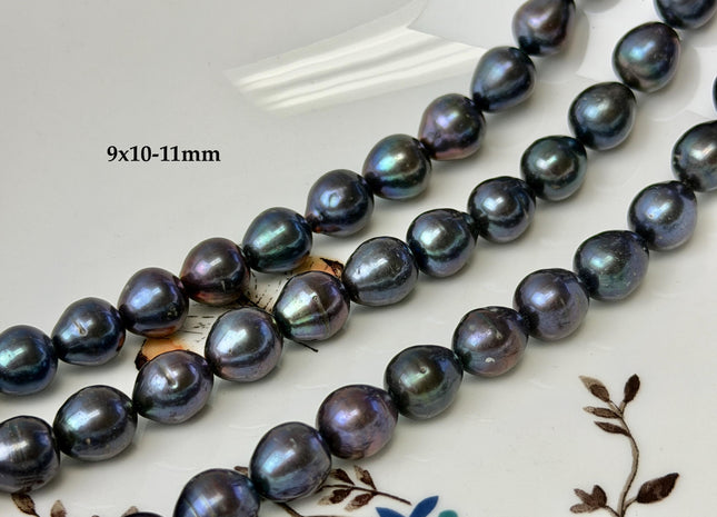 9-10x10-16mm Blue Black Peacock Color Freshwater Rice/Oval Pearl Beads #P3406