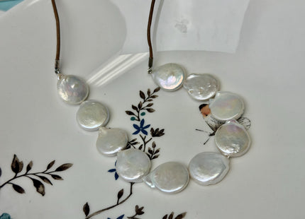 18 Inches Hand Knotted 15 mm Natural White Freshwater Coin Pearl Leather Necklace W/Lobster Clasp and Extender #P3410