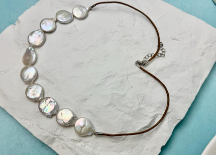 18 Inches Hand Knotted 15 mm Natural White Freshwater Coin Pearl Leather Necklace W/Lobster Clasp and Extender #P3410