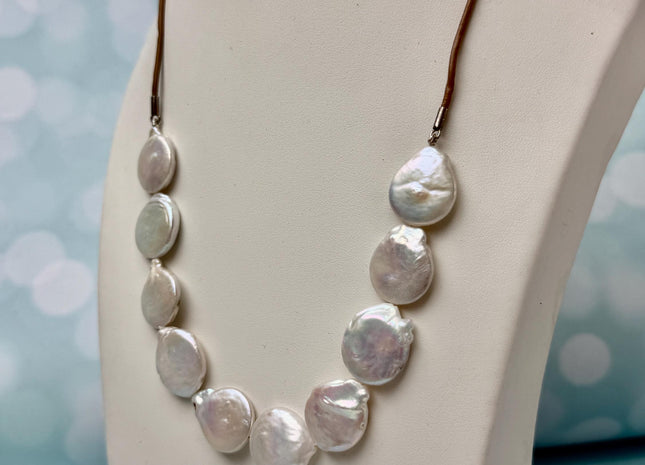 18 Inches Hand Knotted 15 mm Natural White Freshwater Coin Pearl Leather Necklace W/Lobster Clasp and Extender #P3410