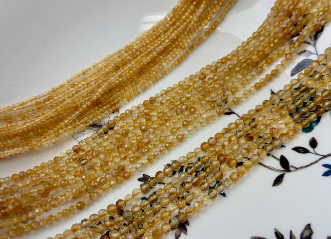 2 mm 3 mm 4 mm Faceted Round Yellow Honey Citrine Gemstone Loose Beads 15.5 Inches Strand #4843