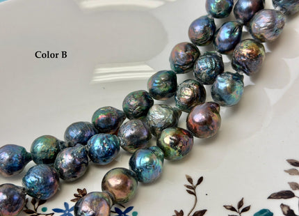 12-15 mm Half Strand Rainbow Blue Peacock Color Baroque Pearls Large 2.2mm Hole High Luster Iridescent Baroque Pearl 12 Beads #P3413