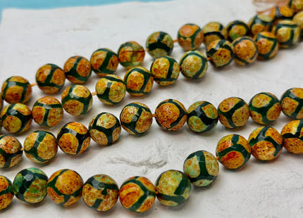 10mm AAA DZI Tibetan Agate Faceted Round Yellow Green Color Football Agate Gemstone 15 Inches Strand 38 Beads #4797