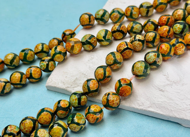 10mm AAA DZI Tibetan Agate Faceted Round Yellow Green Color Football Agate Gemstone 15 Inches Strand 38 Beads #4797