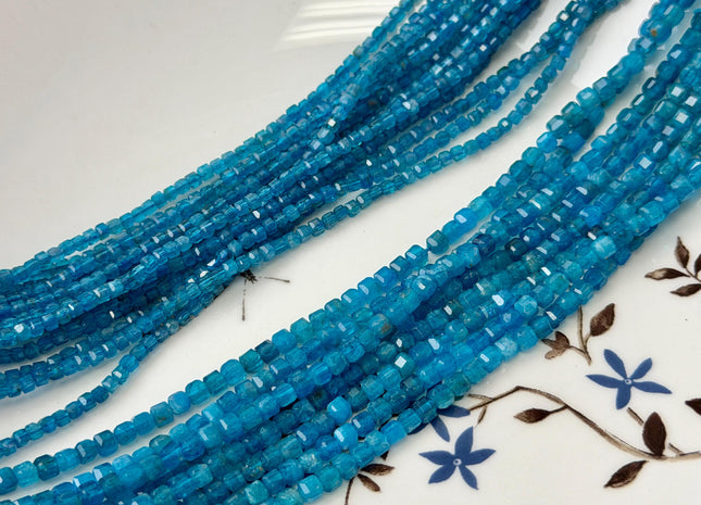 2 mm 3 mm Micro Faceted Cube Dice Square Shape Blue Apatite Tiny Gemstone Beads 15.5 Inches #4526