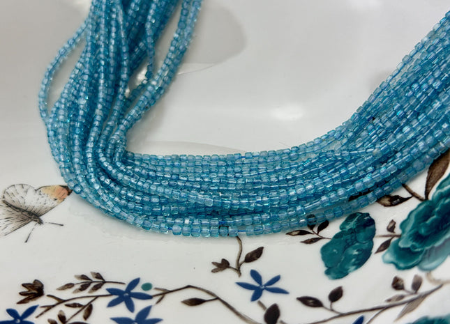 2mm Micro Faceted Cube Dice Square Shape Blue Topaz Tiny Gemstone Beads 15 Inches #4849