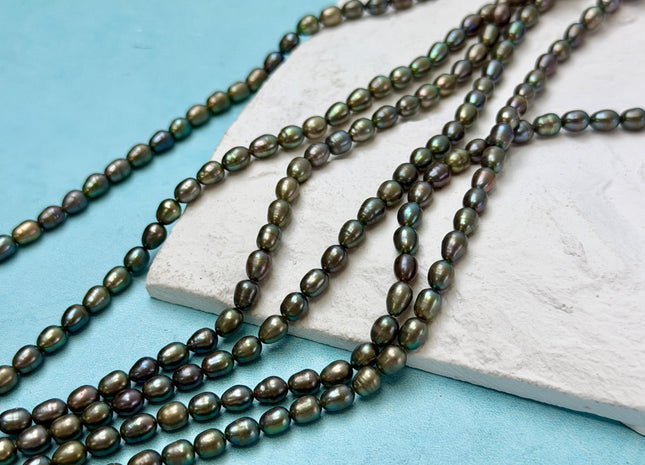 4x5-6 mm AA Olive Green Color Oval/Rice Freshwater Pearl 16 Inches Strand 77 Beads #P3439
