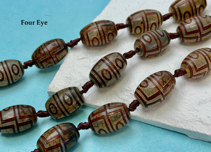 Three Pieces 15x22 mm AAA DZI Tibetan Brown Gemstone Large 2.0mm Hole Mala Antique Design Boho Barrel Eye Beads #4807