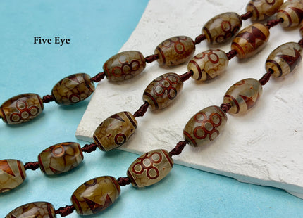 Three Pieces 15x22 mm AAA DZI Tibetan Brown Gemstone Large 2.0mm Hole Mala Antique Design Boho Barrel Eye Beads #4807