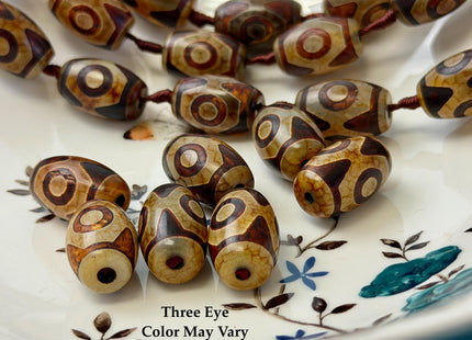 Three Pieces 15x22 mm AAA DZI Tibetan Brown Gemstone Large 2.0mm Hole Mala Antique Design Boho Barrel Eye Beads #4807