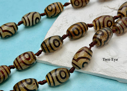 Three Pieces 15x22 mm AAA DZI Tibetan Brown Gemstone Large 2.0mm Hole Mala Antique Design Boho Barrel Eye Beads #4807