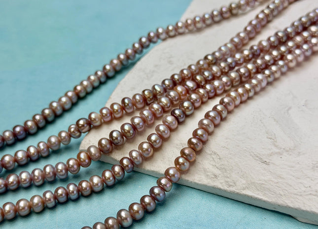 4x6 mm AAA Large Hole Natural Mauve Pink Round Button Freshwater Pearls Hole Size 1.2mm High Luster Pearls 82 Beads 15 Inches Strand #P3418