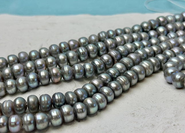 7 mm Large Hole Silver Gray Half Strand Round Button Rondelle Freshwater Pearls Hole Size 1.5mm Freshwater Pearl 37 Beads #P3427