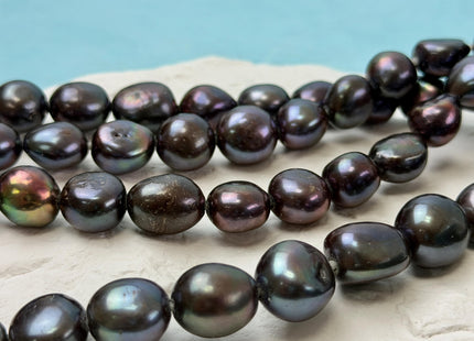 12-15 mm AA Half Strand Dark Peacock Color Rice Nugget Freshwater Pearls High Luster Large 2.2 mm Hole 14 Beads #P3467