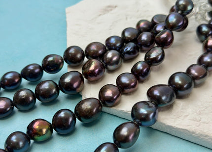 12-15 mm AA Half Strand Dark Peacock Color Rice Nugget Freshwater Pearls High Luster Large 2.2 mm Hole 14 Beads #P3467