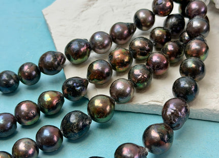 12-15 mm Half Strand Dark Brown Peacock With Gold Sheen Color Baroque Pearls Large 2.2mm Hole High Luster Iridescent Pearls 13 Beads #P3468
